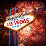 Las-Vegas-Casino-Event mit ikonischem Welcome-Schild und spektakulärem Feuerwerk