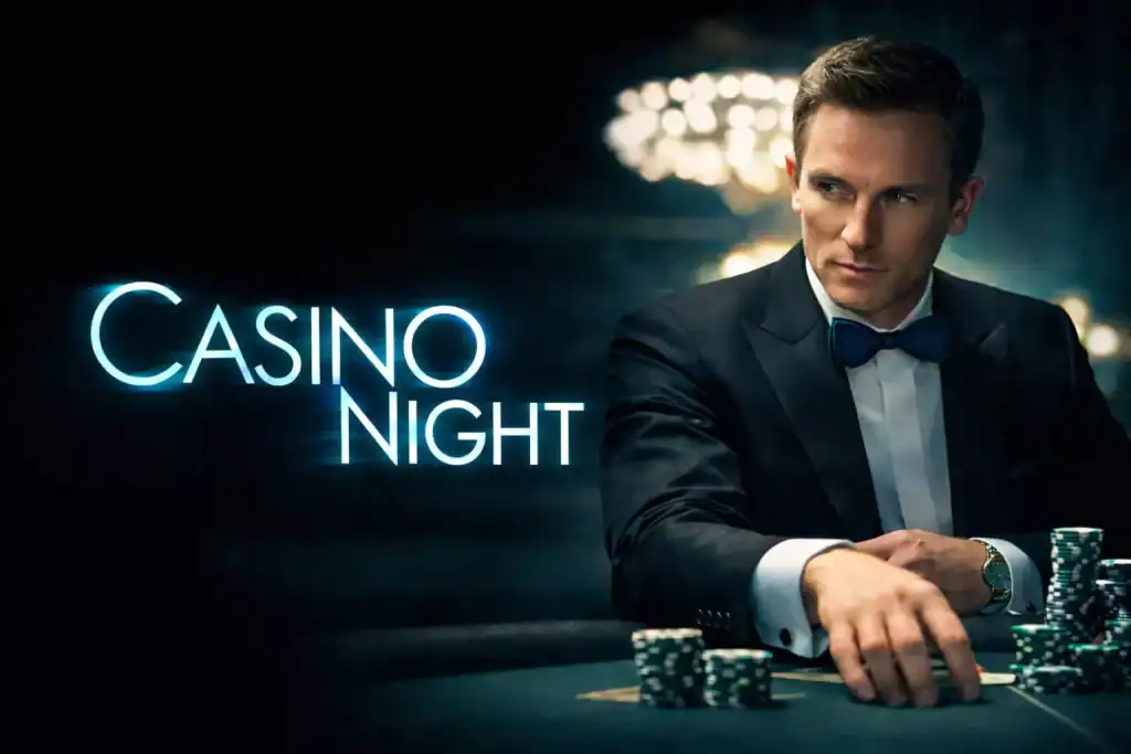 Casino Deko Banner mit Spieltisch-Motiv, Pokerchips und Karten für stilvolle Casino Events und Firmenfeiern