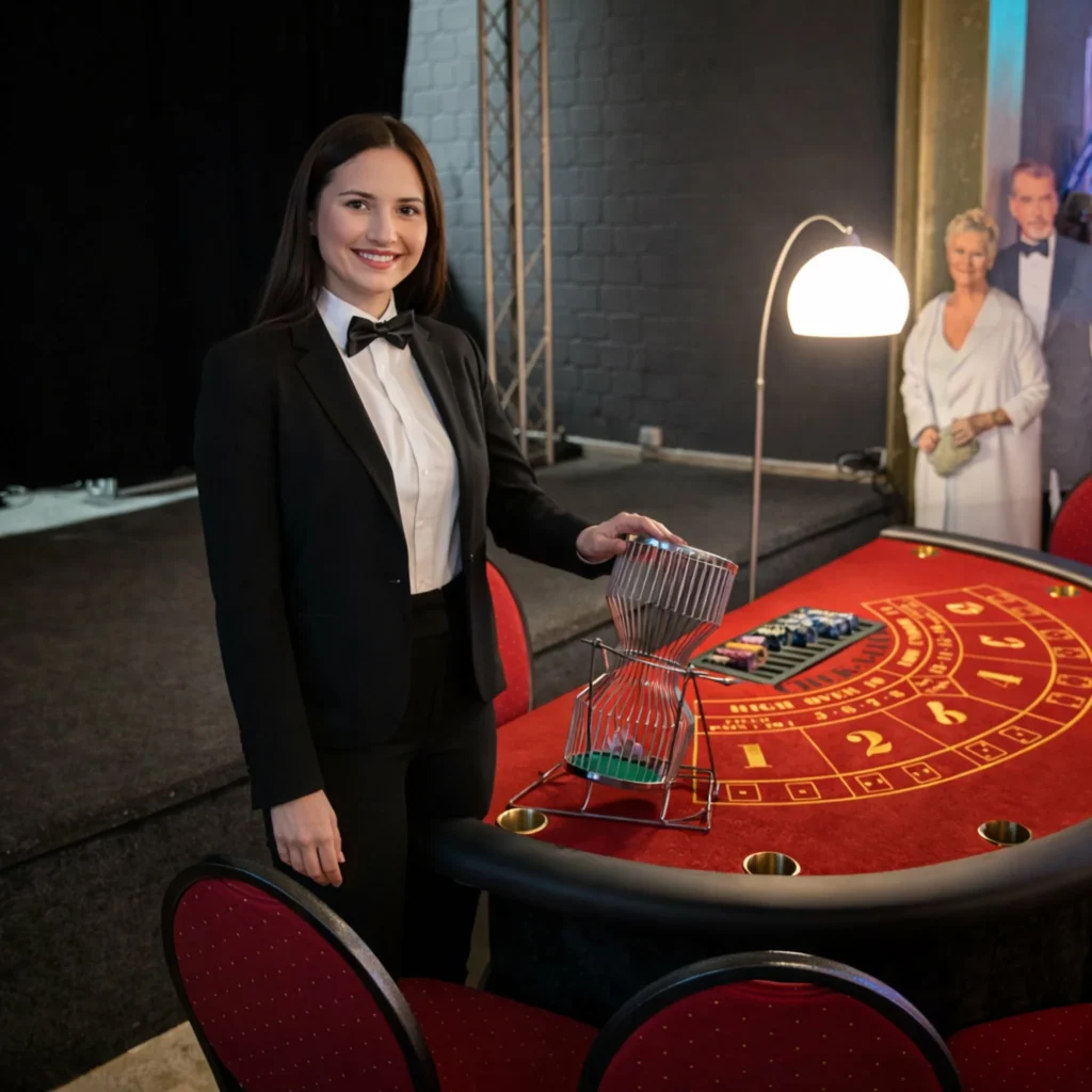 Chuck-a-Luck Casino-Würfelspiel mit professioneller Croupière bei Casino-Event