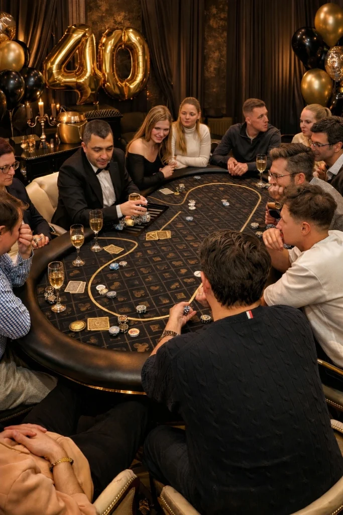 Luxuriöse Casino-Geburtstagsparty mit Pokertisch und eleganter Dekoration zum 40. Jubiläum
