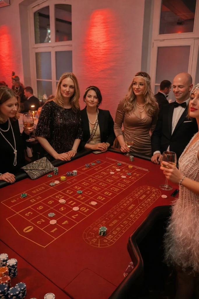 Casino Mottoparty mit Gästen an einem Roulettetisch bei einer exklusiven Abendveranstaltung
