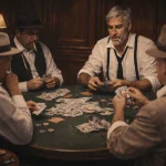 Stilvolle Casino-Dekoration mit Pokertisch, Spielkarten und klassischem Vintage-Flair