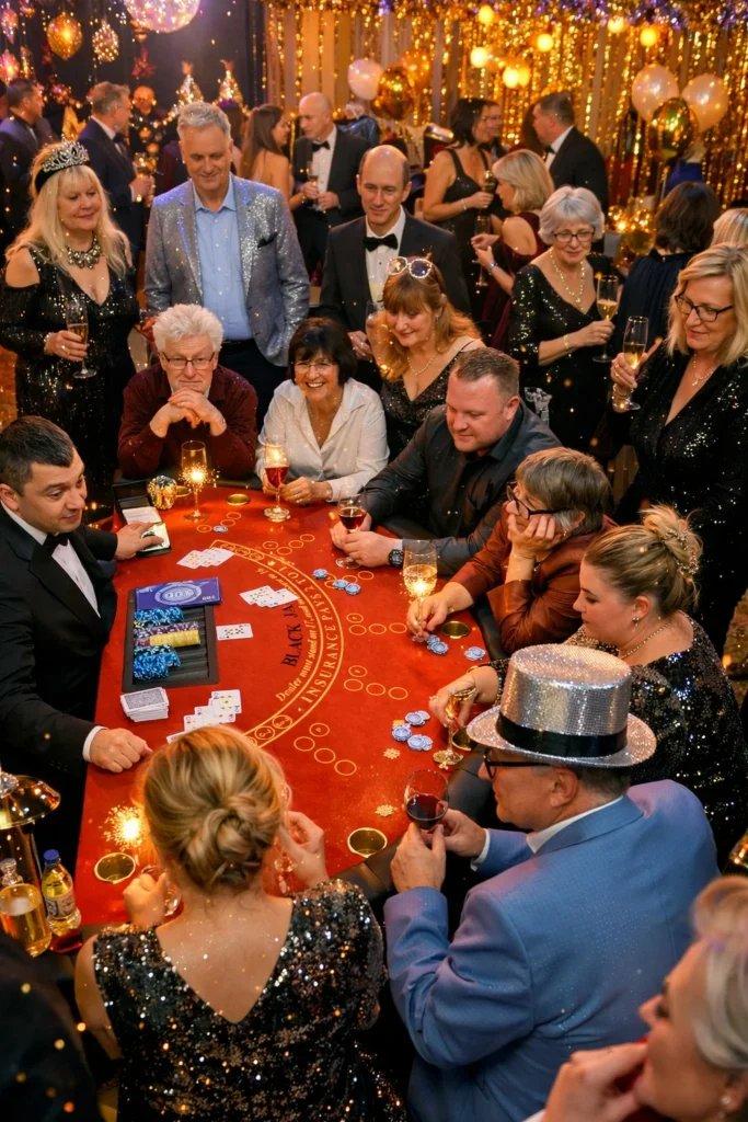 Silvesterparty im Casino-Stil mit professionellem Croupier und festlich gekleideten Gästen