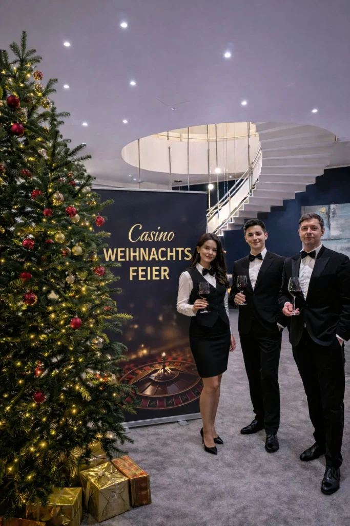 Casino Weihnachtsfeier mit stilvoll gekleideten Gästen und festlicher Dekoration im Event-Location Ambiente