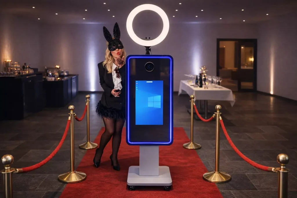 Fotobox mieten für Events im Casino-Stil mit Ringlicht, DSLR-Kamera und rotem Teppich – perfekte Unterhaltung für Firmenfeiern, Galas und Casino-Events