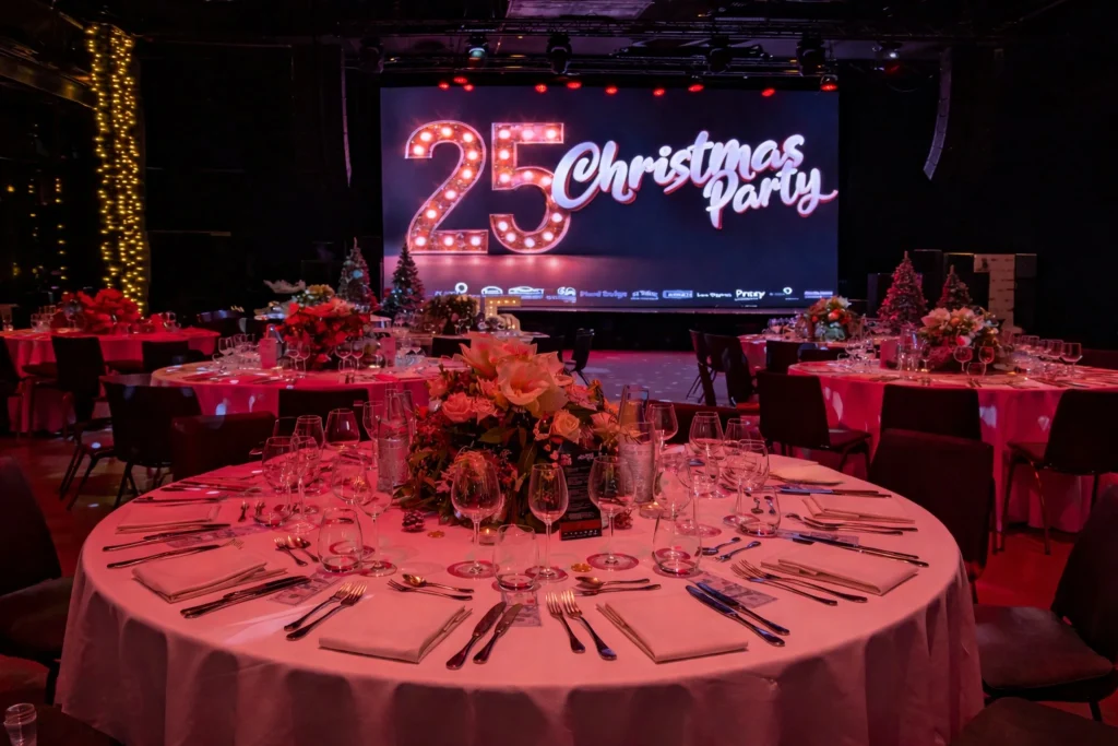 Elegantes Casino Event mit festlich gedeckten Tischen und Bühne bei einer exklusiven Firmenfeier