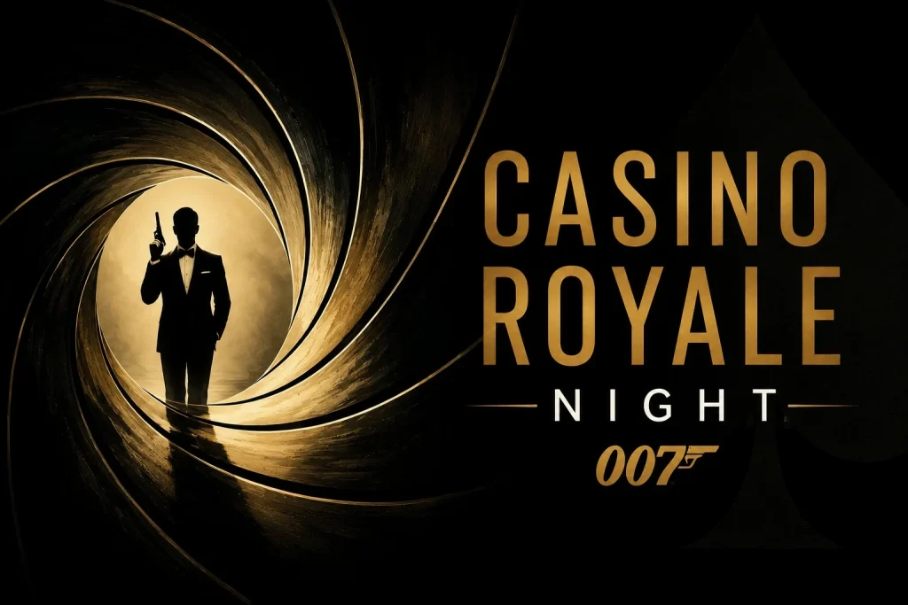Casino Royale Night Banner im James-Bond-Stil mit 007-Agent und Casino-Atmosphäre