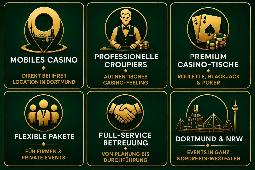 Mobiles Casino Event in Dortmund mit professionellen Croupiers, Roulette, Blackjack und Poker für Firmenfeiern