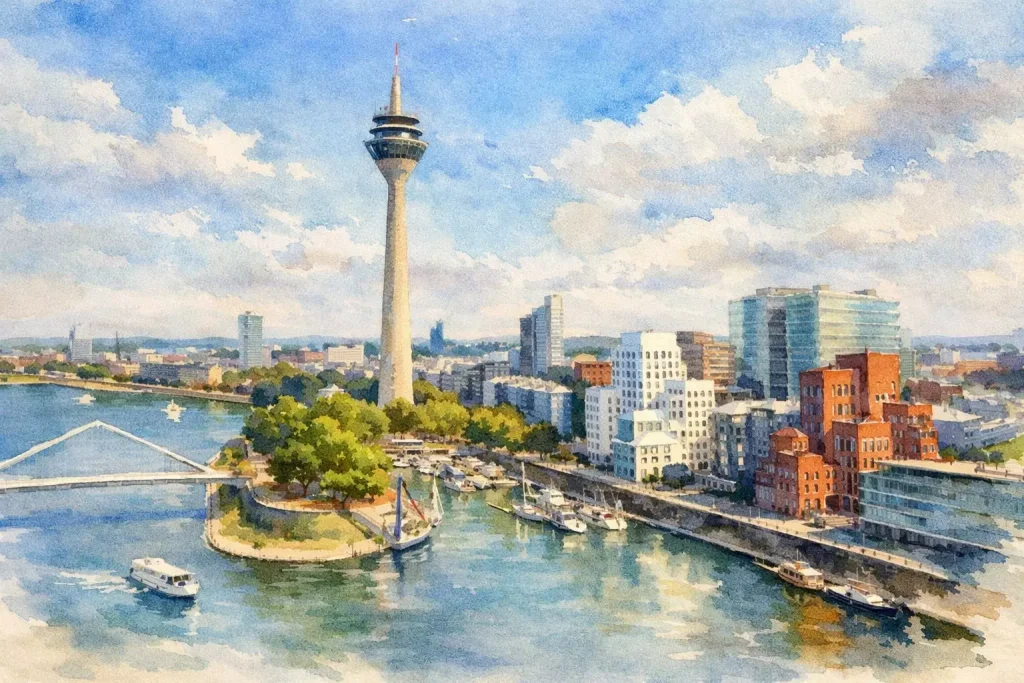 Casino Event in Düsseldorf mit Blick auf den Rheinturm und Medienhafen