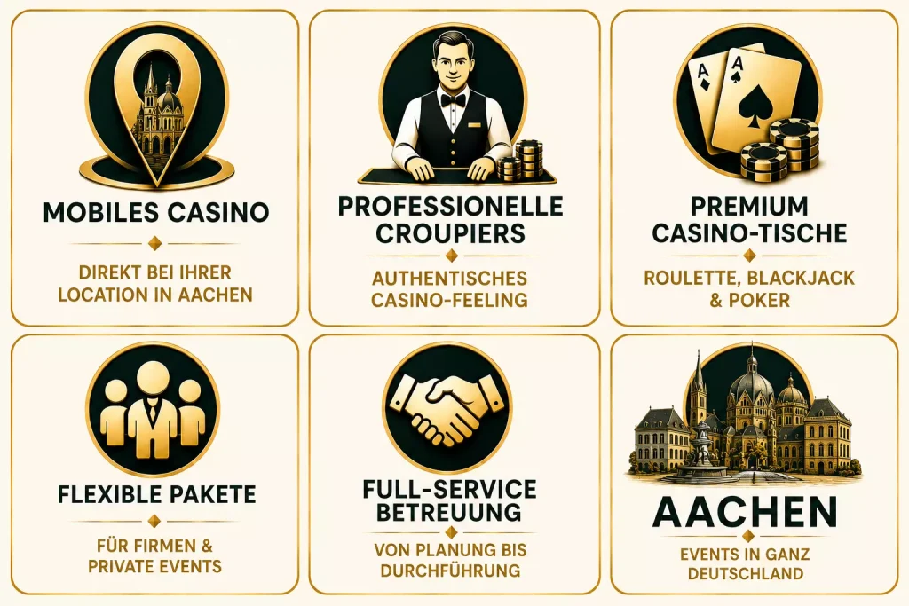 Mobiles Casino in Aachen mit professionellen Croupiers, Roulette, Blackjack und Poker für Firmen- und Privatevents
