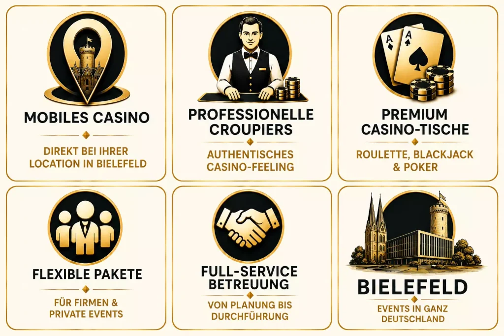 Mobiles Casino in Bielefeld mit professionellen Croupiers, Roulette, Blackjack und Poker für Firmenfeiern und Events