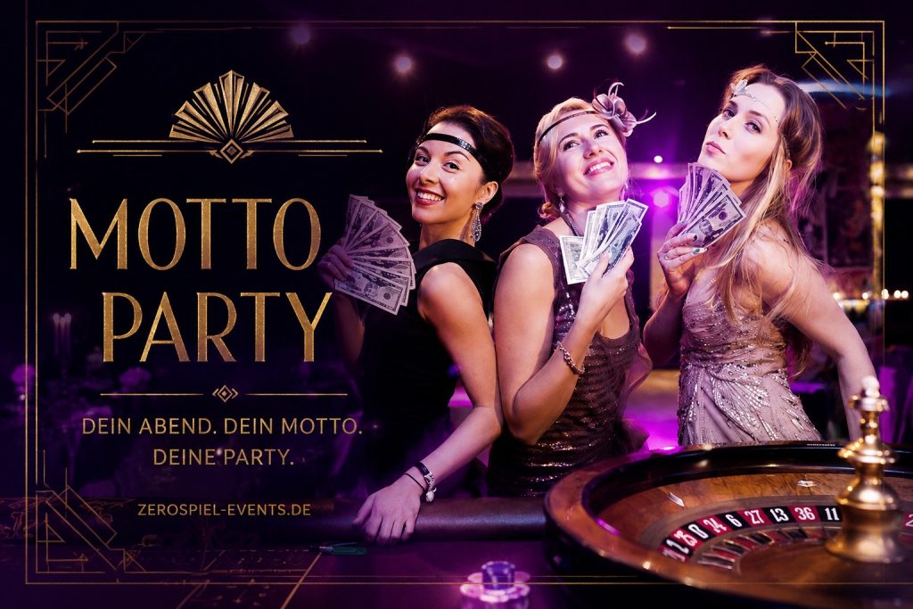 Casino Motto Party im Gatsby-Stil mit Roulette, Casino-Tischen und glamouröser Abendunterhaltung