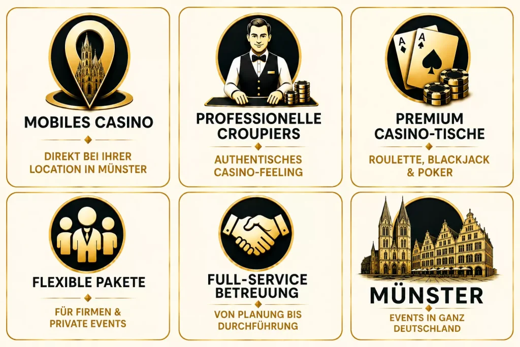 Mobiles Casino in Münster mit professionellen Croupiers, Roulette, Blackjack und Poker für Firmenfeiern und Events