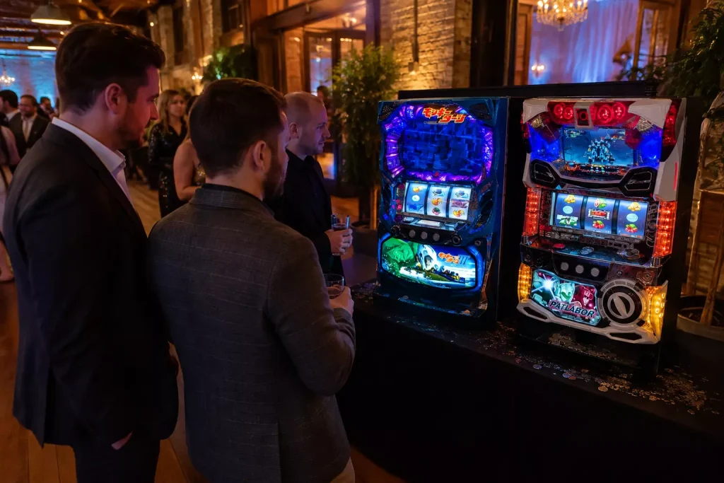 Spielautomaten bei einem stilvollen Casino Event mit Gästen