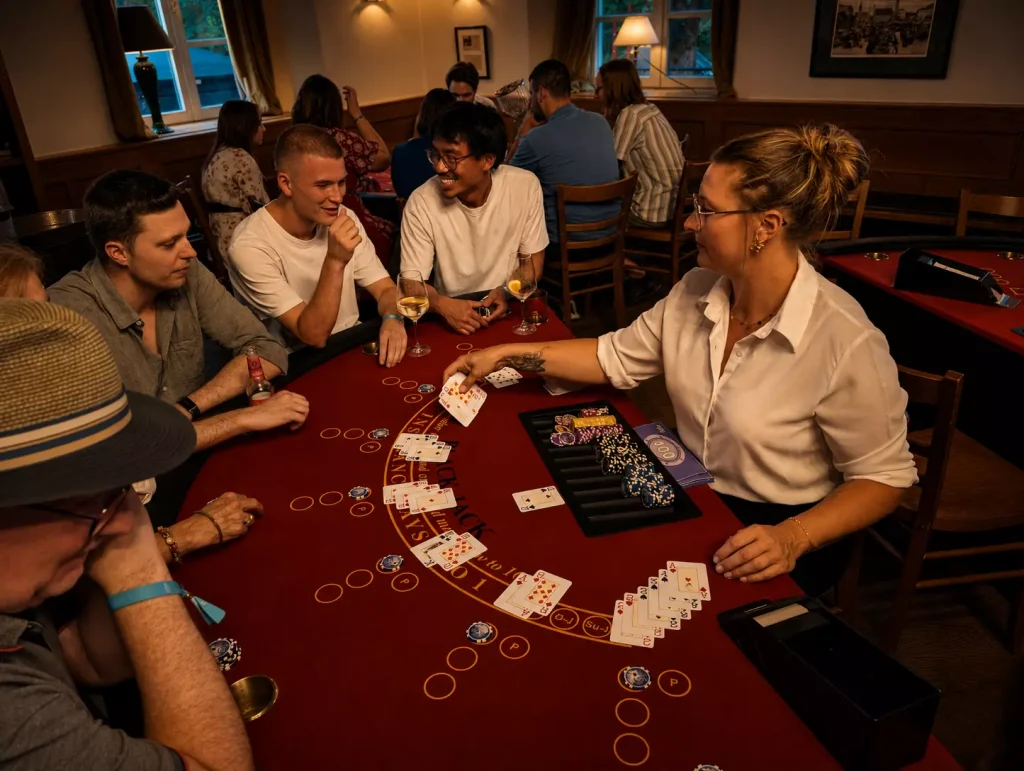 Blackjack-Tisch mit professioneller Croupière beim mobilen Casino Event.