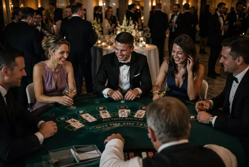 Mobiles Casino auf einer Hochzeit mit Blackjack und Gästen