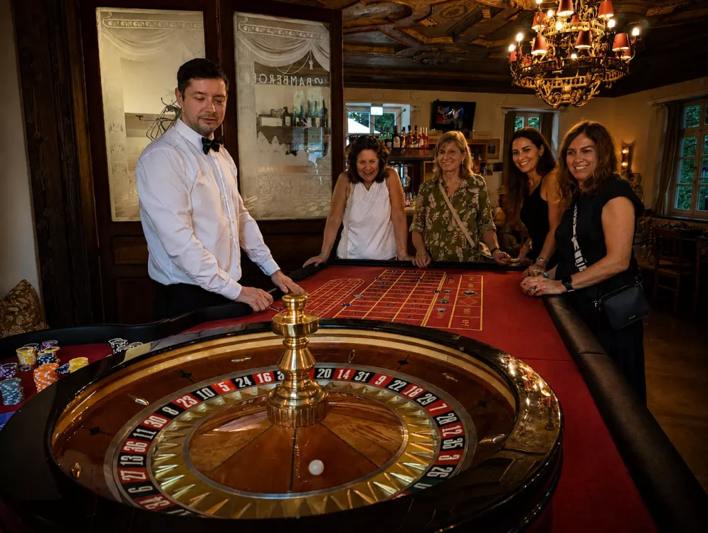 Mobiles Casino Event mit Roulette-Tisch, professionellem Croupier und Gästen bei einer Casino Night