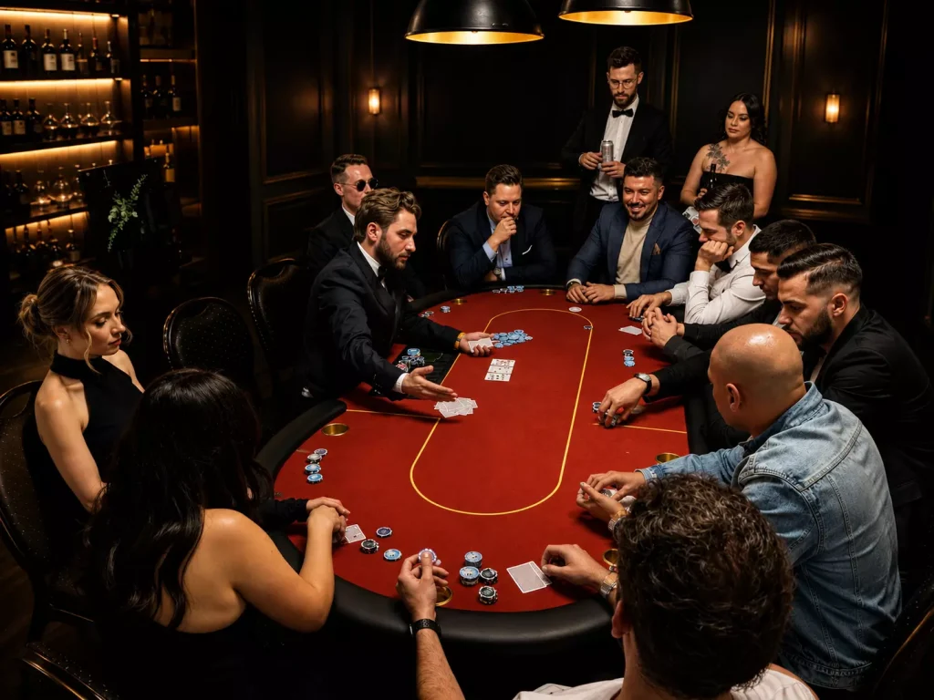 Poker beim mobilen Casino Event in Duisburg mit Croupier und Gästen