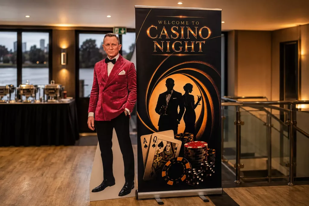 Casino Night Roll-up und lebensgroßer Pappaufsteller als Dekoration für mobiles Casino Event