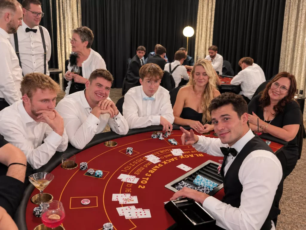Blackjack bei einer Firmenfeier mit professionellem Croupier und mobilem Casino