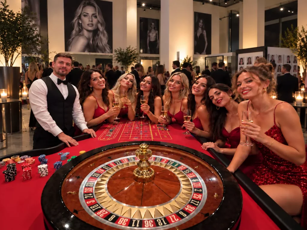 Casino Event mit Roulette, Croupier und Gästen in eleganter Eventlocation