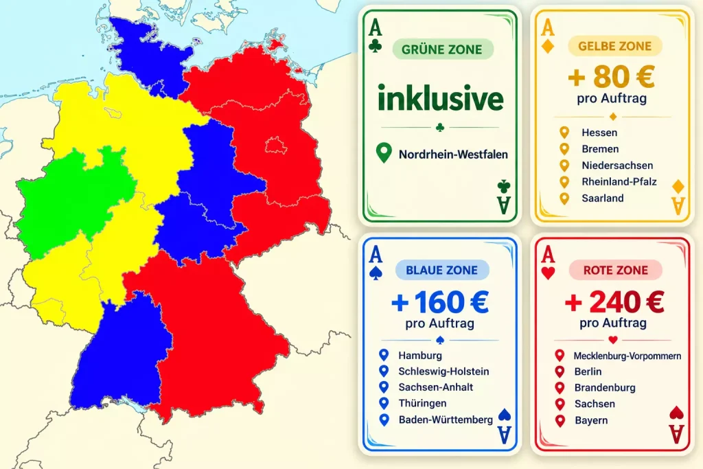 Deutschlandkarte mit regionalen Anfahrtszonen und Aufpreisen für das mobile Event Casino von ZeroSpiel Events – deutschlandweit buchbar.